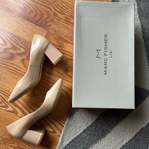 Marc Fisher Pierre patent light beige cream block heels